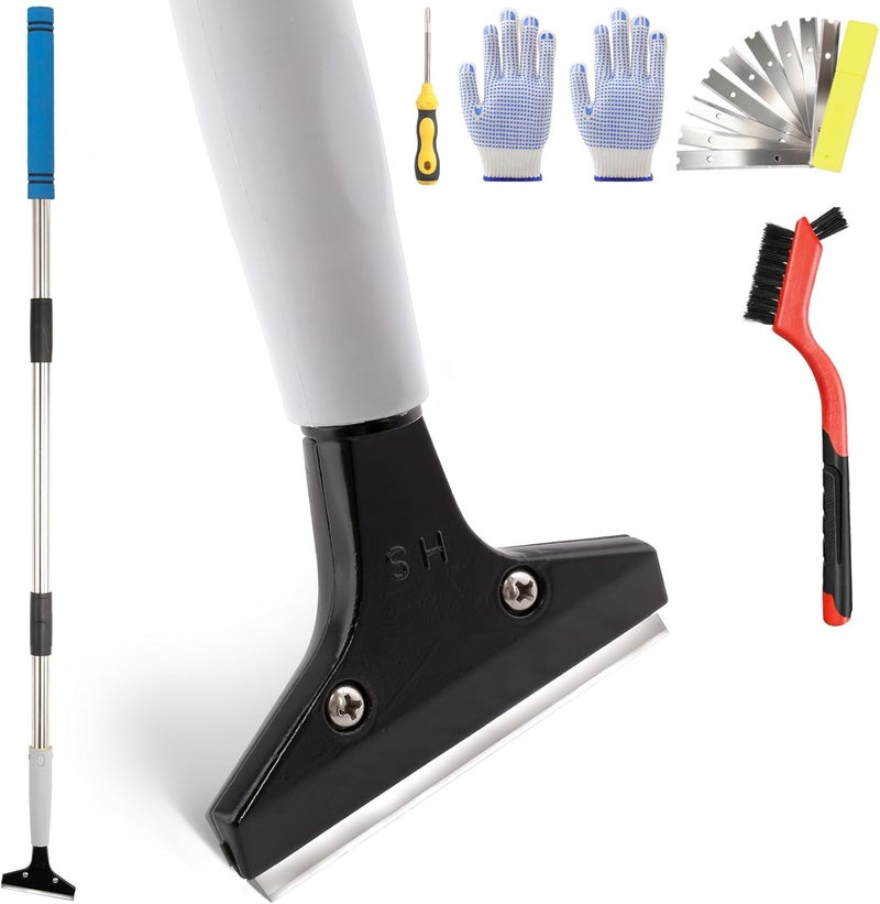 Frebuta 4"Razor Blade Floor Scraper with Long Handle,61in Adjustable Floor Scraper Heavy Duty with 10PCS Extra Metal Blades Paint Scraper for Cleaning Stickers Gum Glass Wall Tile Linoleum Stove Top - Image 1